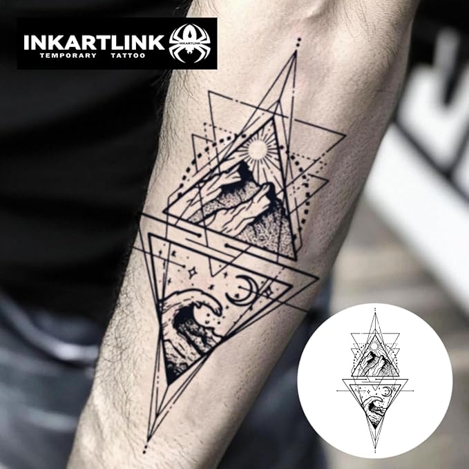INKARTLINK Semi Permanent Tattoo, Temporary Tattoo,geometric pattern, gift for cool boys, adult art design, party favor, waterproof, realistic, no adhesive, no reflective (Sun Moon Mountain River)