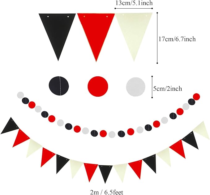 ZERODECO Party Decoration, Hanging Paper Fans Pom Poms Flowers Garlands String Polka Dot and Triangle Bunting Flags Easy to Assemble - Black and Red