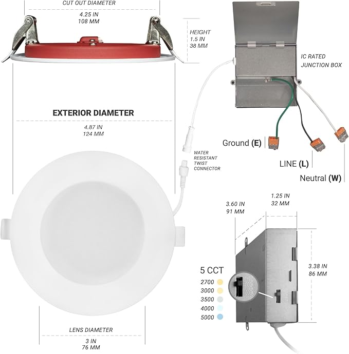 NUWATT 12 Pack, 4 Inch 2 Hour Fire Rated LED Recessed Light, 2700K/3000K/3500K/4000K/5000K Selectable, 900 Lumens, Dimmable, IC Rated, Wet Rated Ultra Thin Canless LED Downlight, No Fire Cone Needed