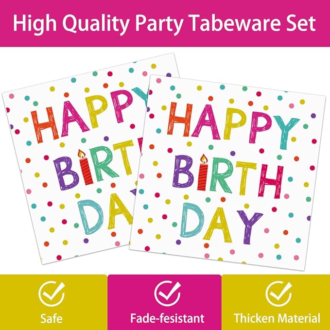 142pcs Happy Birthday Party Supplies Set with Colorful Polka Dots Design- Includes Disposable Paper Birthday Plates and Napkins, Cups, Tablecloth, and Banner，Dots Party Supplies Serves 20 Guests