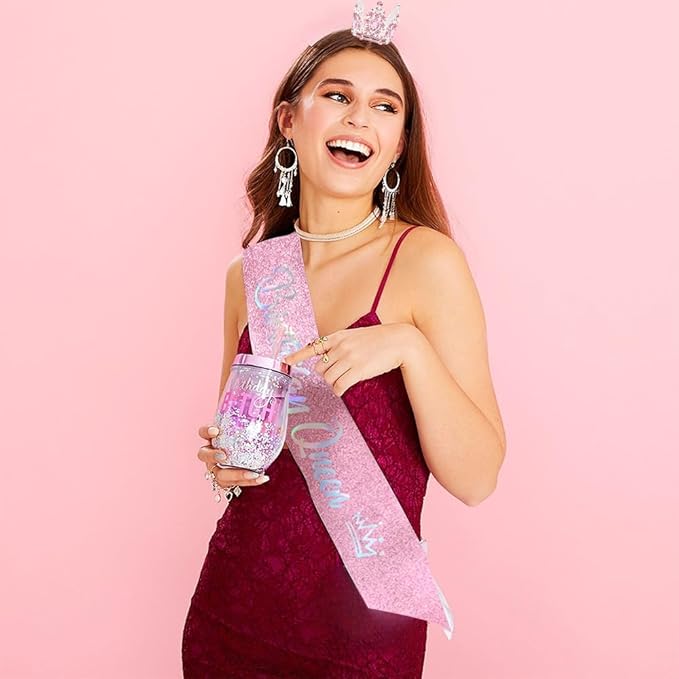 Birthday Queen Sash for Women Tiara & Crowns Headbands for Girls Happy Birthday Party Accessories Favor Supllies Leona Pink Silver, 2 Pack