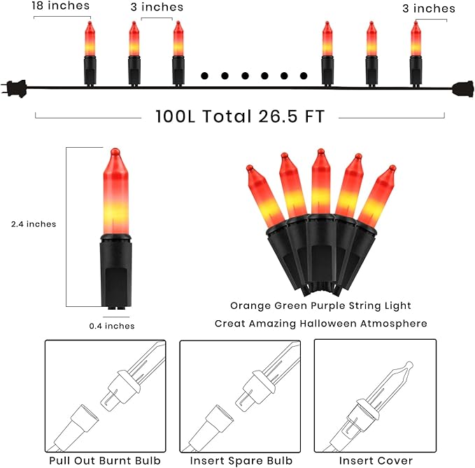 Halloween Decorations Orange String Lights – 100 Count Mini Incandescent, 26.5ft Black Wire, UL Listed Connectable Pumpkin Lights for Porch, Patio, Outdoor & Indoor Fall Decor