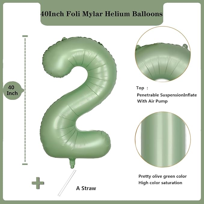 40 Inch Green Number Balloon 2 Olive Green Foil Balloon Sage Green 2 Balloons Mylar Helium Balloon for Birthday Party Decorations Girls Boys Baby Shower Wedding Anniversary Decoration (Number 2)