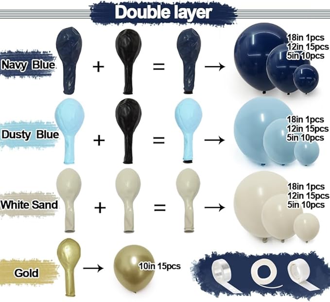 Navy Blue Balloon Garland Double Stuffed Dusty Blue Gold White Sand Balloons Beige Cream Metallic Latex Arch Kit for Neutral Baby Shower Gender Reveal Birthday Wedding Graduation Party Decorations