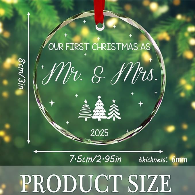 Personalized Round First Christmas Crystal Glass Ornaments Custom 2025 Name Ornament for Christmas Tree Decor Customized Xmas Tree Hanging Gifts for Family Wife Husband