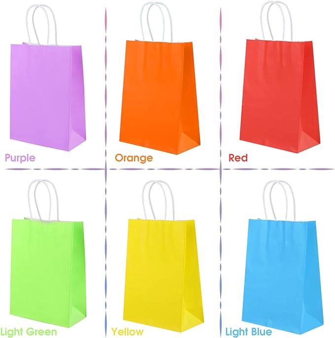 XPCARE 200Pcs Paper Gift Bags, 6.3"x3.15"x8.66" Kraft Paper Party Favor Bags Bulk Rainbow Goodie Bags Small Gift Bags with Handles for Kids Birthday Baby Shower Crafts Wedding Supplies (6 Colors)