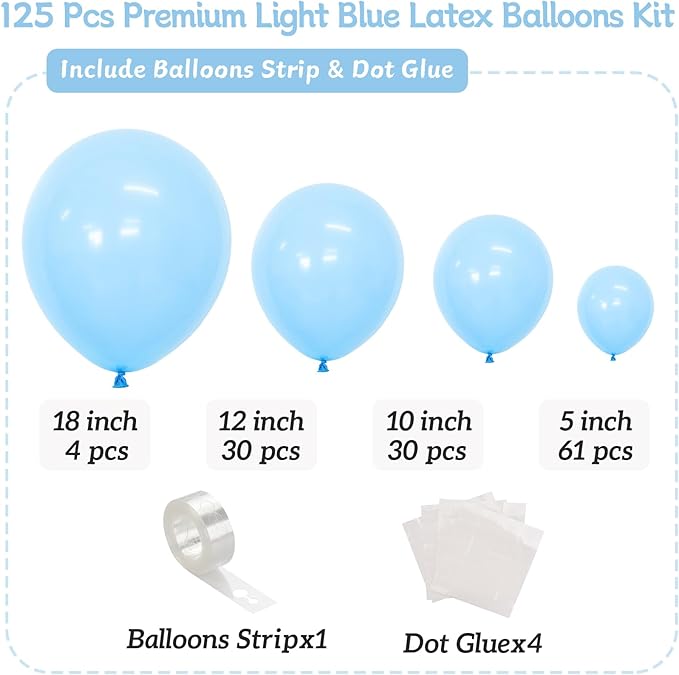 Light Blue Balloons 125 Pcs Different Sizes of 18 12 10 5 Inch Light Baby Pastel Sky Blue Balloon Arch Kit Garland for Birthday Baby Shower Gender Reveal Graduation Wedding Decoration