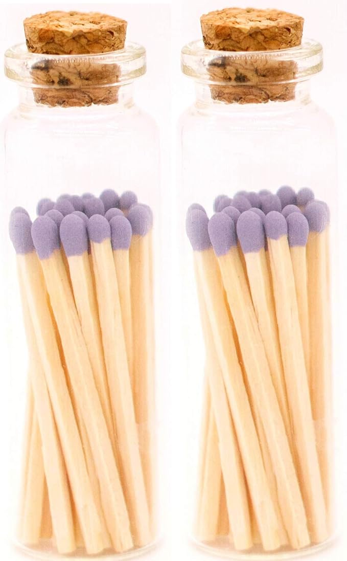River Birch Matches in The Bottle with Striker - Decorative Home Matches with Glass Match Holder - Wooden Match Sticks - Set of 2 Bottles with Safety Matches - Lavender Tip, Inches, 40 Matches