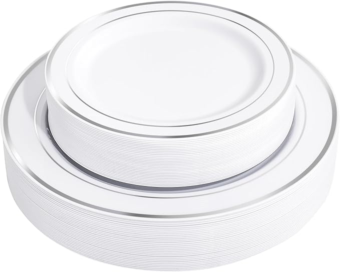 FLOWERCAT 60PCS Silver Plastic Plates - Heavy Duty White and Silver Plastic Plates Disposable - Include 30PCS 10.25inch Dinner Plates and 30PCS 7.5inch Dessert Plates for Wedding&New Year&Christmas