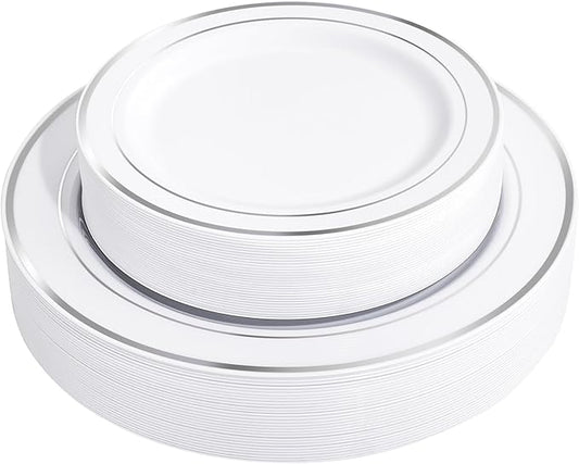 FLOWERCAT 60PCS Silver Plastic Plates - Heavy Duty White and Silver Plastic Plates Disposable - Include 30PCS 10.25inch Dinner Plates and 30PCS 7.5inch Dessert Plates for Wedding&New Year&Christmas