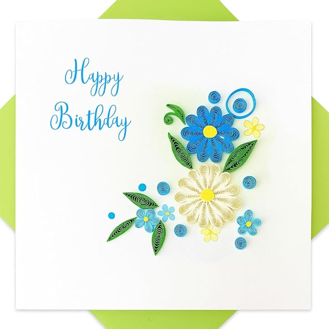 Quilled Birthday Card - Happy Birthday Quilled Floral Greeting Cards for Women -Blank Inside Quilling Cards for Woman- 6x6 Handmade 3D Paper Art Design with Luxury Green Envelope (Floral)