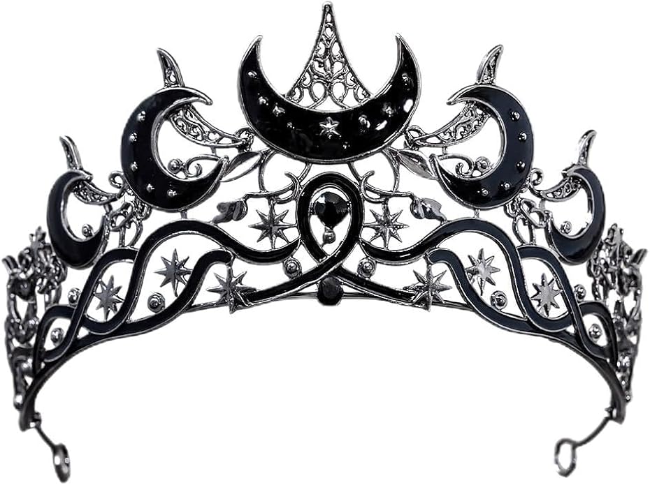 Gothic Black Moon Star Tiara Crown for Women Girls, Retro Celestial Witch Headpiece with Crescent Moon and Stars, Costume Cosplay Halloween Party Prom Wedding Birthday Accessories