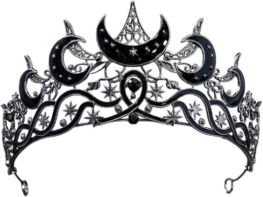 Gothic Black Moon Star Tiara Crown for Women Girls, Retro Celestial Witch Headpiece with Crescent Moon and Stars, Costume Cosplay Halloween Party Prom Wedding Birthday Accessories