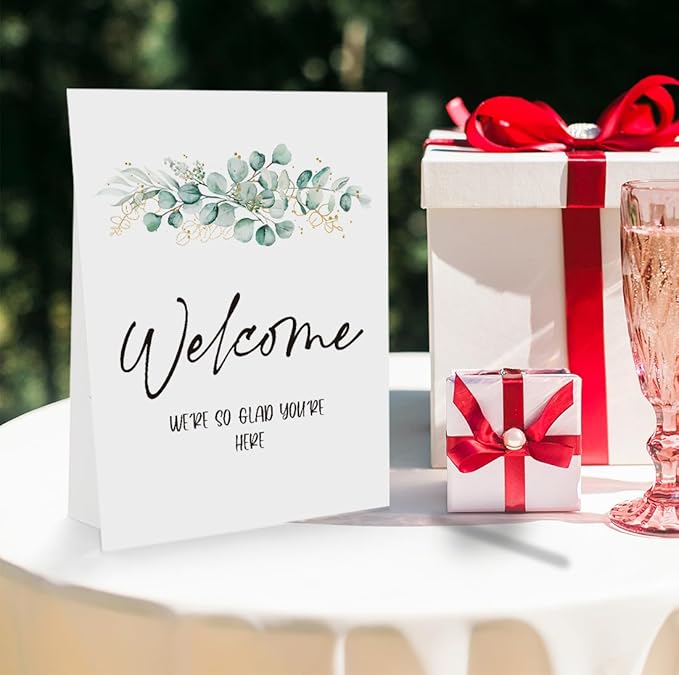 Baby Shower/Bridal Shower/Wedding Welcome Sign - We're So Glad You Are Here, Eucalyptus Greenery Gold Decoration (8 x 11 inch) BBSS12