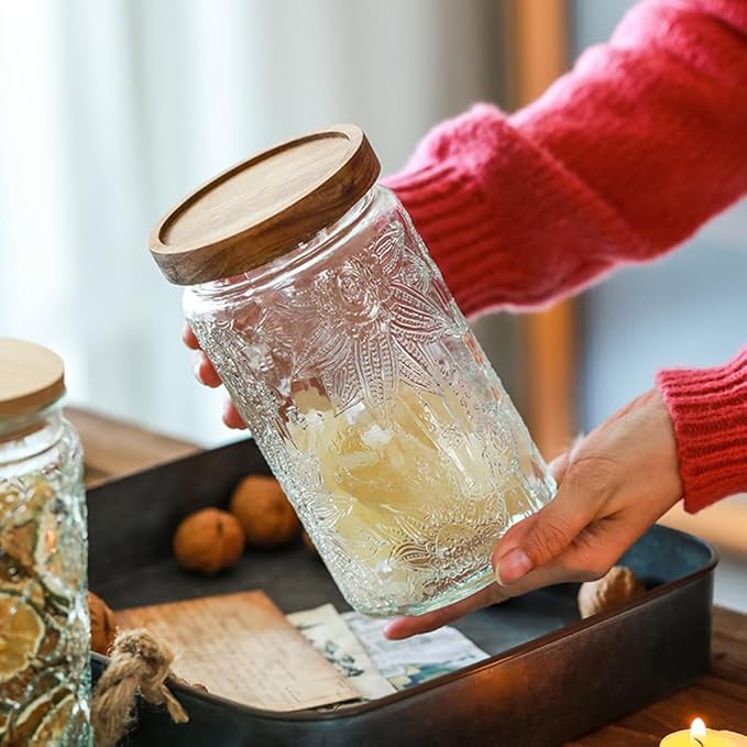ANSQU Vintage Glass Storage Jar, 34oz Glass Canister Storage Jar Container with Airtight Wooden Lid for Kitchen Counter, Pantry, Coffee, Tea, Sugar, Cookie Jars (Round-Sunflower)