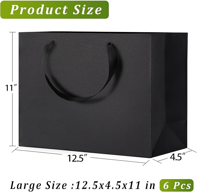 Black Gift Bags With Handles 6 Pcs, 12.5x4.5x11 Inch Sturdy Kraft Paper Gift Bags, Bulk for Wedding, Party, Birthday, Business and Shopping, Large Size