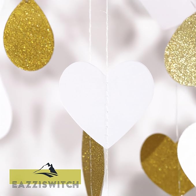 Gold Wedding Engagement Party Decorations: Champagne Glitter Hearts Banner Garland Streamers Backdrop for Bachelorette Bridal Baby Shower Anniversary Birthday Christmas Valentines Day Décor - 52 Ft