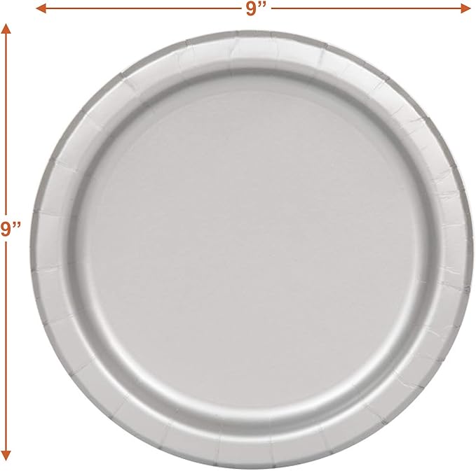 Solid Silver Colored Paper Dinner Plates and Luncheon Napkins, Silver Party Supplies and Table Decorations (Serves 16)