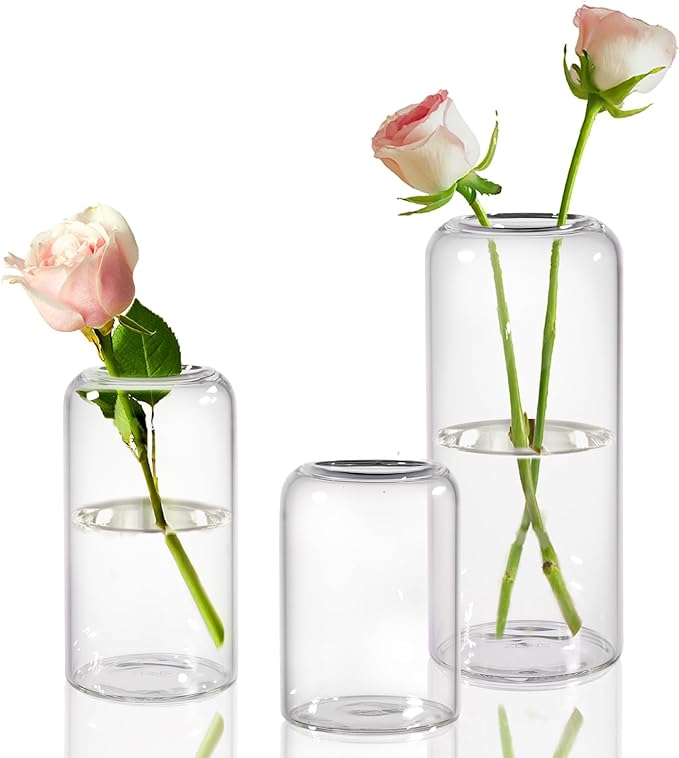 ZENS Bud Vases Set of 3, Modern Small Glass Vases for Flower Clear Bud Vases for Wedding Centerpiece, Blown Thicker Glass Small Vase for Flowers, Wedding Party Events Home Bathroom Decor