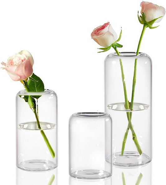 ZENS Bud Vases Set of 3, Modern Small Glass Vases for Flower Clear Bud Vases for Wedding Centerpiece, Blown Thicker Glass Small Vase for Flowers, Wedding Party Events Home Bathroom Decor