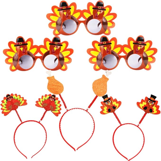 3 Pieces Thanksgiving Turkey Headbands and 3 Pieces Thanksgiving Turkey Sunglasses, 6 Pieces Turkey Eyeglasses Head Boppers Costumes Decoration Props for Thanksgiving Day Party Favor Accessories