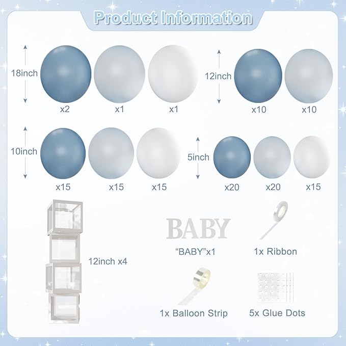 Dusty Blue Balloon Baby Shower Decorations for Boy, 132Pcs Blue Balloon Arch Garland Kit Baby Boxes with Letters for Boy Boho Baby Shower Gender Reveal Birthday Party Decorations