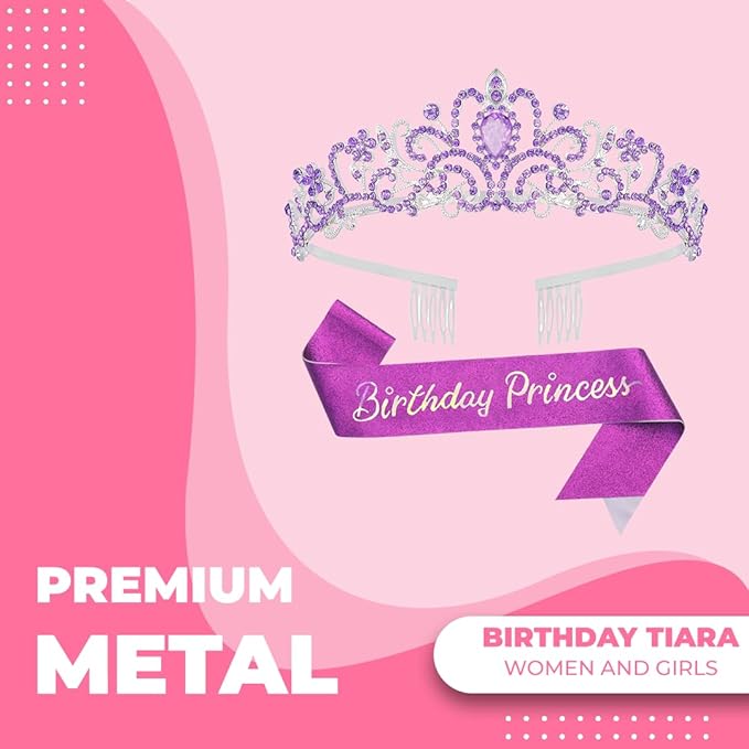 Birthday Tiara and Crown with Sash for Women, Hair Accessories for Wedding Party Costume (C- Purple)