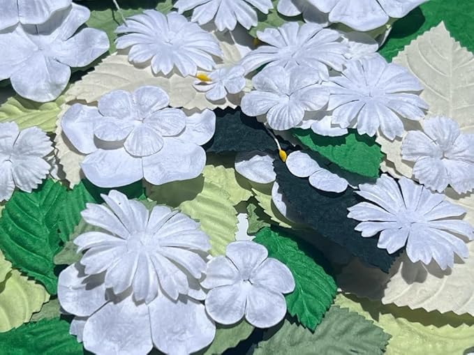 100 Pcs Handmade Mixed Mulberry Paper Flowers Petals and Leaves Scrapbooking Wedding DIY Craft Supplies Card (White Colors Flowers/Green Tone Leaves)