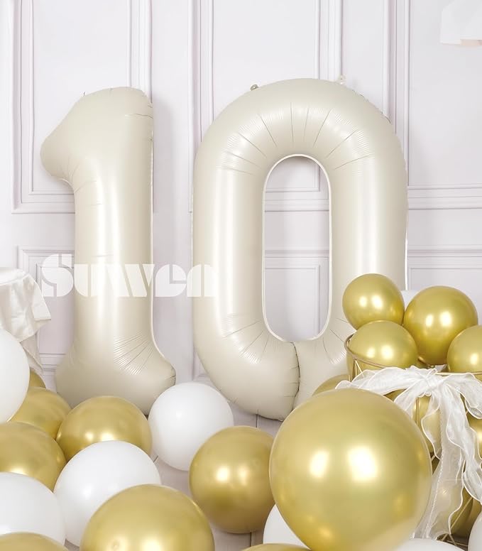 SUWEN 40 Inch Cream White Large 10 Balloon Numbers Big Foil Helium Number Balloons 0-9 Jumbo Happy 10th Mylar Birthday Party Decorations for Boy or Girl Anniversary Party Supplies