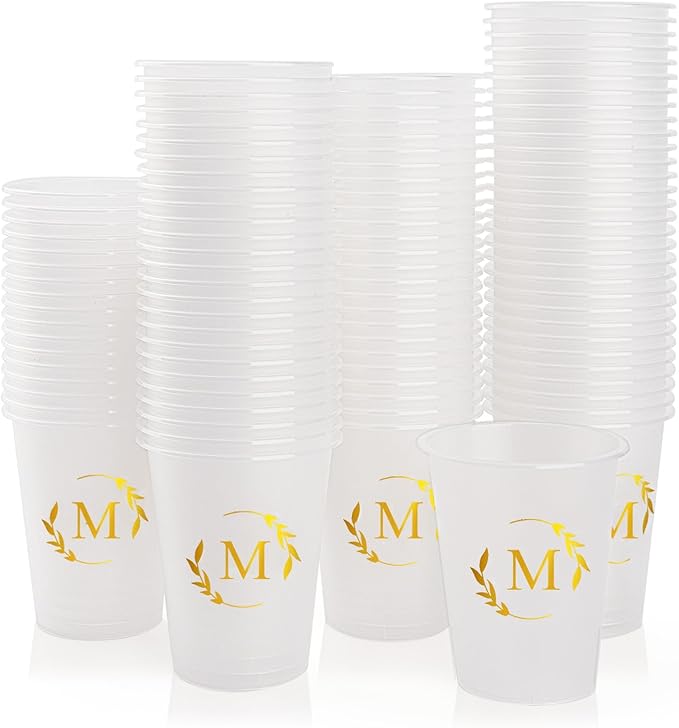 100 Monogrammed Cups Disposable Initial Plastic Cup 12 oz Wedding Personalized Cup for Wedding Reception Baby Shower Birthday Party(Letter M)
