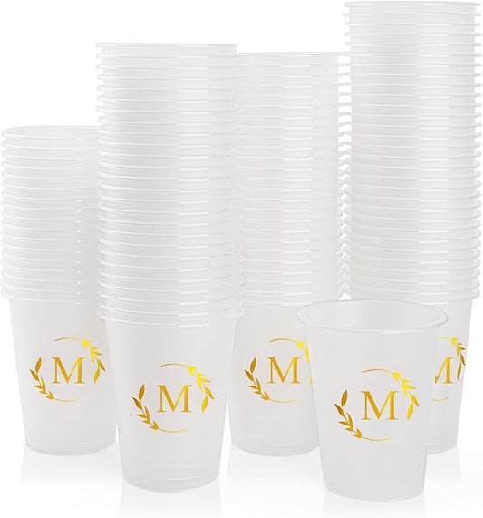 100 Monogrammed Cups Disposable Initial Plastic Cup 12 oz Wedding Personalized Cup for Wedding Reception Baby Shower Birthday Party(Letter M)