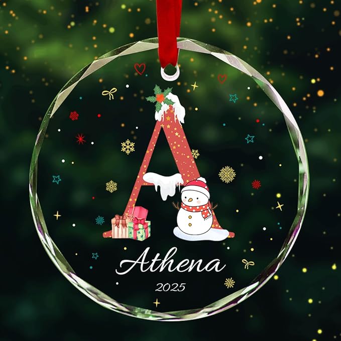 Personalized Round Christmas Crystal Glass Ornaments Custom 2025 Name Ornament for Christmas Tree Decorations Customized Xmas Tree Hanging Gifts for Family Boys Girls