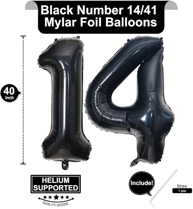 40 Inch Black 14 Number Balloons Giant 14 Balloons Black Birthday Balloons 14th Birthday Anniversary Events Party Decorations Supplies