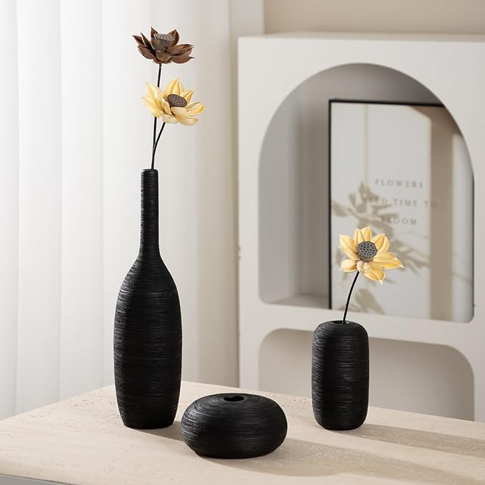 Ceramic Vase Set of 3 Flower Vases Home Decor Modern Boho Rustic Farmhouse Large Decorative Aesthetic Minimalist Matte Vases for Centerpieces Living Room Table Shelf (Black)