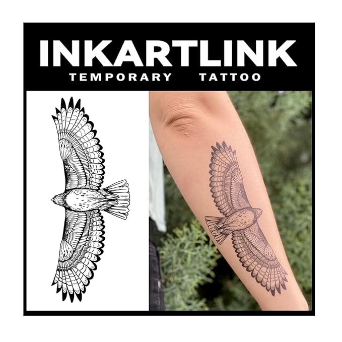 INKARTLINK Temporary Tattoos, 2 Sheets Large Semi Permanent Tattoo Adult Art Design Waterproof Temp Tattoo Party Favors Realistic Look, No Adhesive, No Reflection, Lasts 1-2 Weeks Black (Eagle)