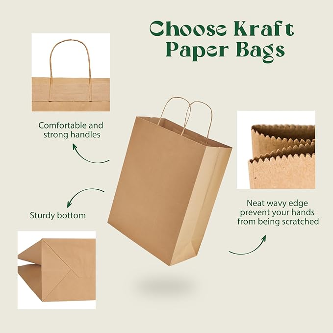 MESHA Gift Bags 10X5X13 Inch 100Pcs, Large Brown Paper Bags with Handles Bulk,Reusable Kraft Shopping Bag for Business Merchandise Retail Birthday Kids Party Favors