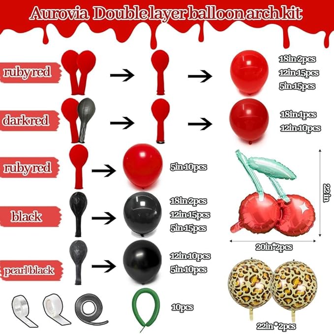 Red Black Balloon Arch Kit, Double Stuffed Black Burgundy Ruby Red Balloon Garland Foil Cheetah Print Balloons for Cherry Birthday Bachelorette Baby Shower Halloween Party Decorations