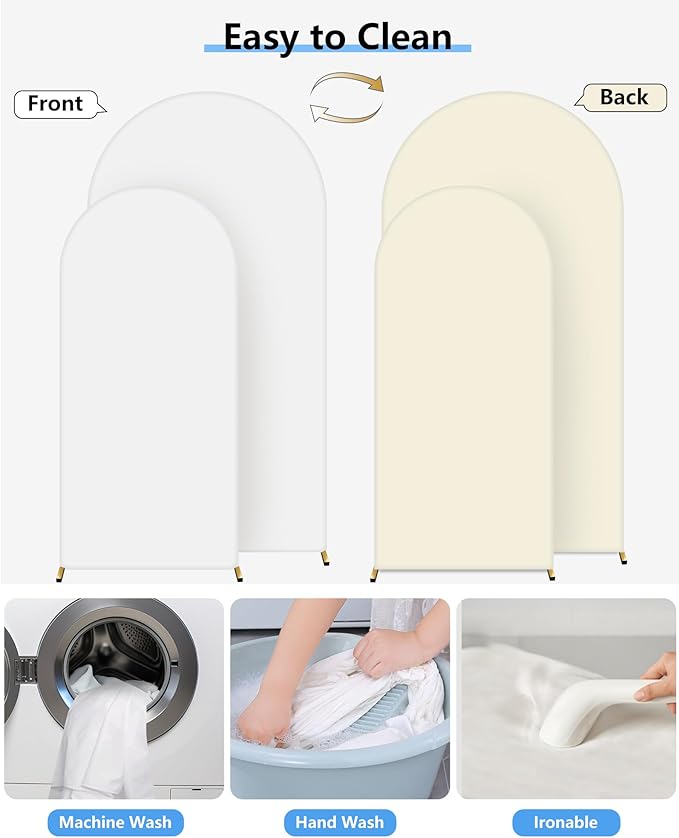 Hemmotop Double Color Wedding Arch Backdrop Cover, Set of 2 (7.2ft, 6ft), 2 Sided Stretchy Spandex Fitted Balloon Arch Stand Backdrop for Birthday Party, Baby Shower, White and Light Beige