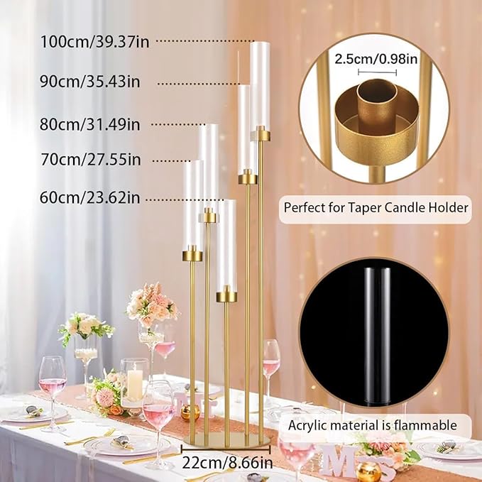 2PCS Gold Floor Candelabra,5 Arm Candle Holder Tall Floor Candle Holder with Acrylic Lampshade for Wedding Table Birthday Party Home Decoration Fit LED Taper Candles