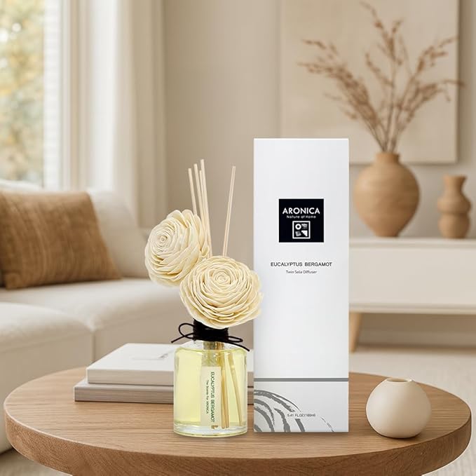 Aronica Twin Sola Diffuser 160ml_Eucalyptus and Bergamot Oil Sticks Set, New Premium Non Toxic Clean Reed Diffusers for Home, Organic Essential Oil Scents, Natural Quality Room Scents