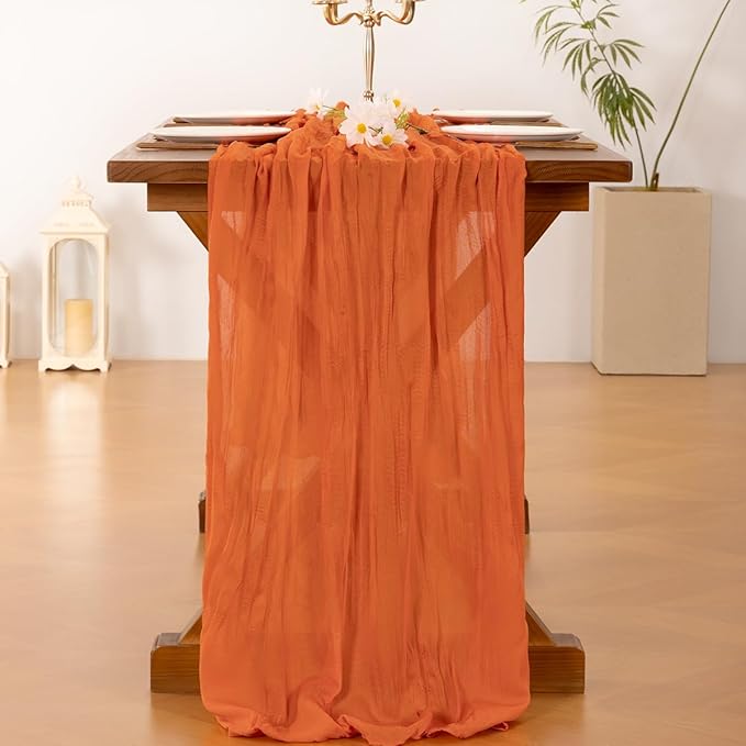Socomi 6pcs Orange Cheesecloth Table Runner Fall Thanksgiving Boho Rustic Gauze 120 inch 10FT Cheese Cloth Runner for Wedding Party Baby Shower Birthday Home Decor Holiday Decorations