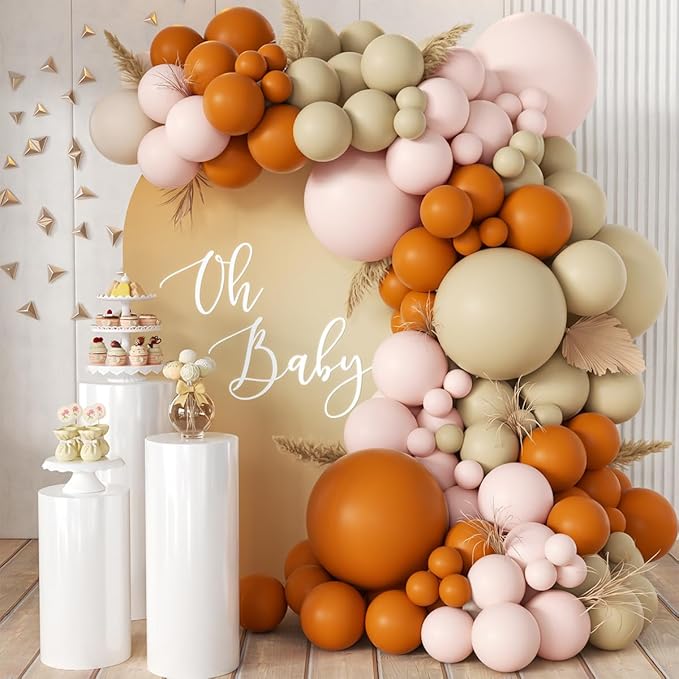 Burnt Orange Boho Balloon Garland Arch Kit, 155Pcs Pastel Brown Macaron Pink Balloons for Fall Baby Shower ThanksGiving Birthday Party Decorations