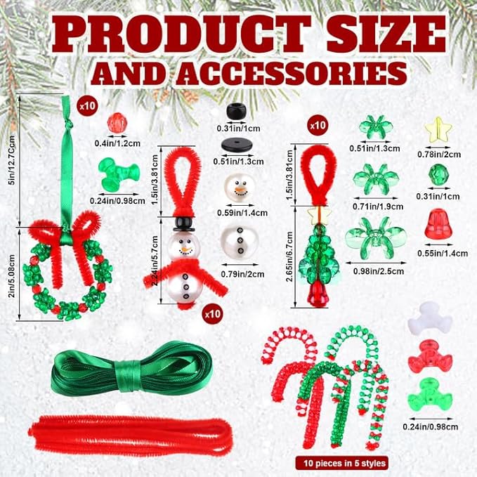 Droutti 40 Pcs Christmas Beaded Ornament Kit Xmas DIY Beaded Craft Wreath Snowman Xmas Tree Candy Cane Hanging Ornaments Christmas Crafts for Kids Adults Christmastree Decorations Party Supplies