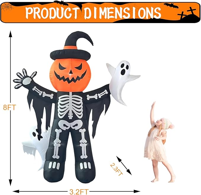 LANGXUN 8ft Skeleton Pumpkin with Ghosts 2025 Halloween Inflatable Decorations - Giant LED-Lit Outdoor Indoor Yard Decor for Lawn, Garden, Patio Holiday Parties