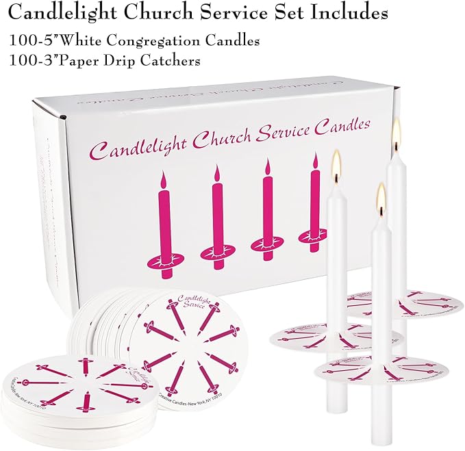 100-Pack White Unscented Taper Candles with Drip Protectors, 4.7" x 0.47" - Smokeless Pure Wax Prayer Candles for Church, Vigil, Memorial, Shabbat & Religious Services