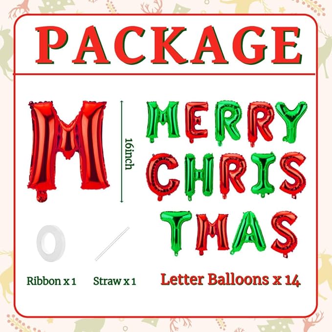 16 Inch Merry Christmas Balloons 14 PCS Red and Green Balloons Banner Xmas Letter Aluminum Mylar Foil Balloon Decorations Backdrop for Holiday Hanging Party Favors Supplies Theme Indoor Outdoor