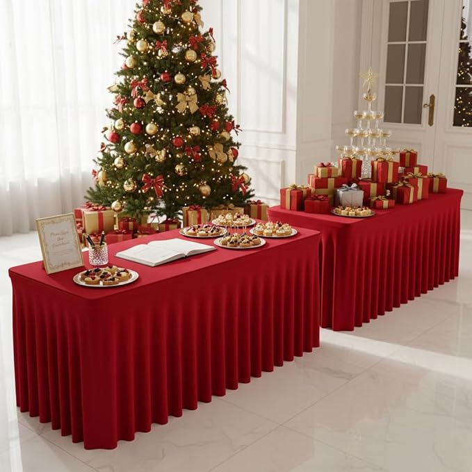 HolidayIdeas 4 Pack Red Spandex Tablecloths for 8 Foot Table, Bulk Fitted Table Covers for Christmas Trade Shows, Corporate Events
