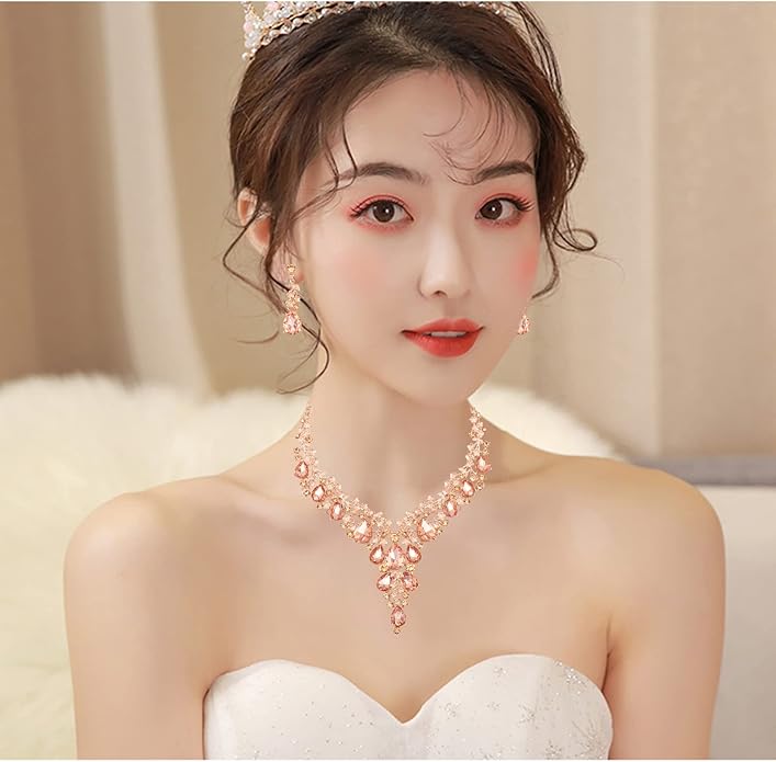 CSY Elegant Crystal Costume Jewelry Sets Flower Bridal Necklace Earrings Stretch Bangle Set for Bride Bridesmaid Wedding Dress Accessories