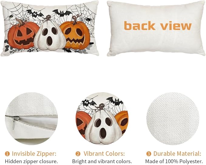 AACORS Halloween Pillow Cover 12X20 Set of 2,Pumpkin Jack-O'-Lanterns Bat Web Decoration Holiday Farmhouse Pillow Case Decor for Home Sofa Couch AA306-12-2