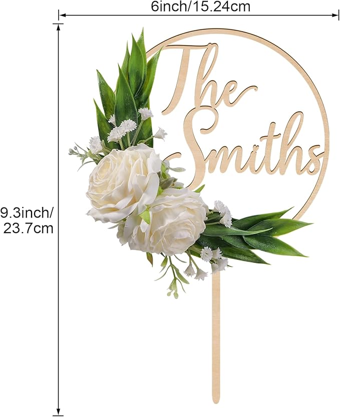 3D Flowers Wedding Cake Topper Custom Last Name Wedding Cake Decoration in Wood with 3D Artificial Roses